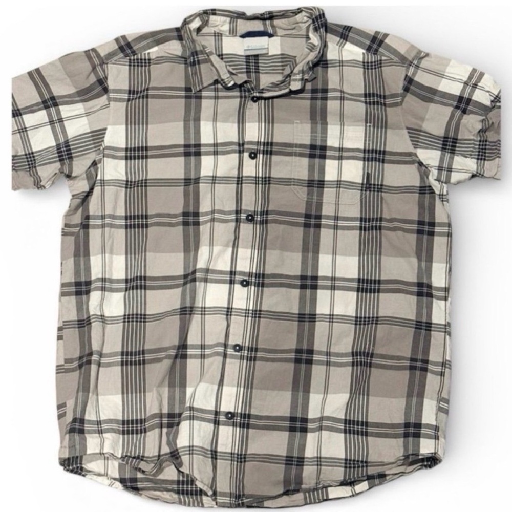 Columbia Mens XL Plaid Short Sleeve Button Down Shirt Beige Black Casual
